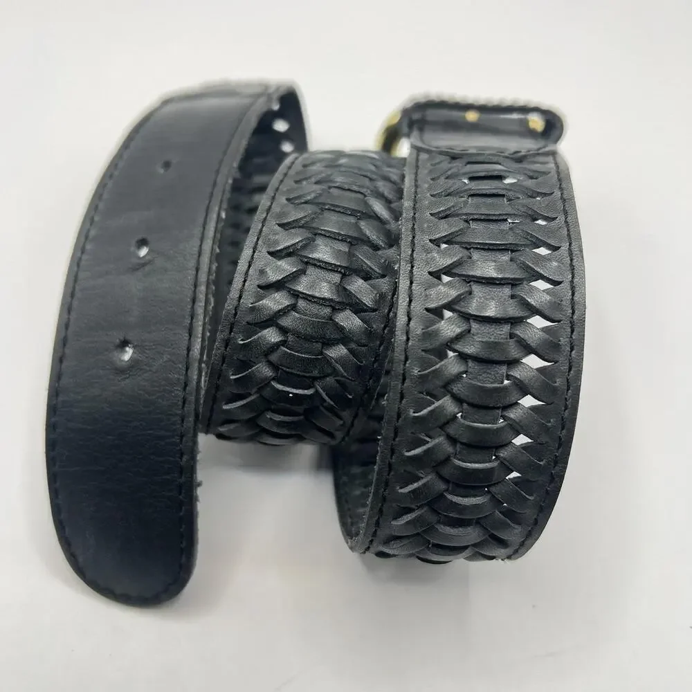 Vintage Brass and Black Leather Woven Belt